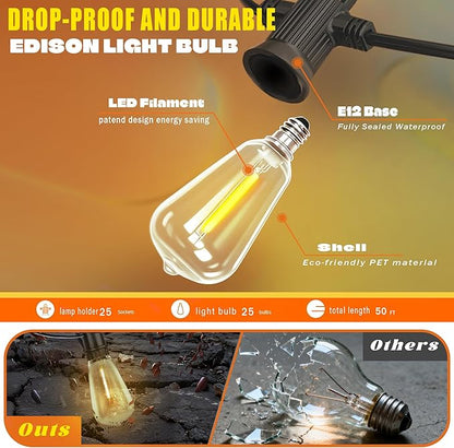 Outdoor Solar Waterproof Light String, 50FT Wire and 25+1 LED shatterproof Bulbs, dimmable Light Cannon with Remote Control, Suitable for Courtyard, Terrace, Balcony, Party Decoration Lighting