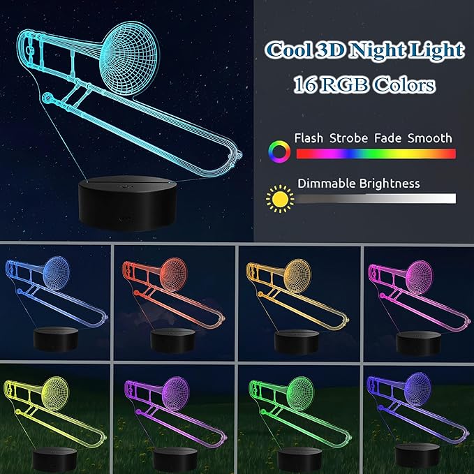 Trombone Night Light, Trombone Gifts, 3D Illusion Lamp with Remote Control, 16 RGB Colors, 4 Flashing Modes, Timer, Dimmable, Trombone Accessories for Decor for Holiday Birthday Christmas