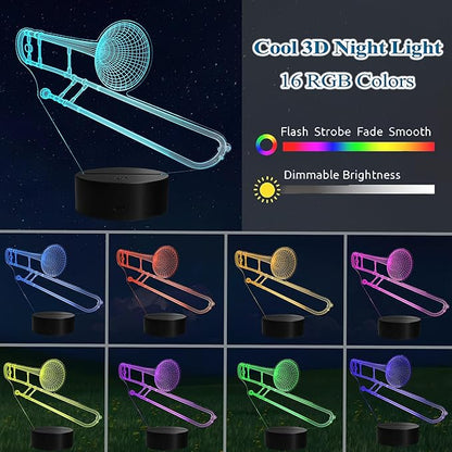Trombone Night Light, Trombone Gifts, 3D Illusion Lamp with Remote Control, 16 RGB Colors, 4 Flashing Modes, Timer, Dimmable, Trombone Accessories for Decor for Holiday Birthday Christmas