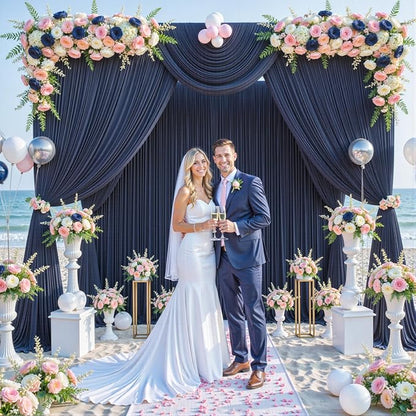 10 Panels Navy Blue Backdrop Curtain for Parties Wedding Wrinkle Free 50ft x 10ft Backdrop Drapes Panels for Baby Shower Gender Reveal Birthday Photo Photography Polyester Fabric Background Decoration