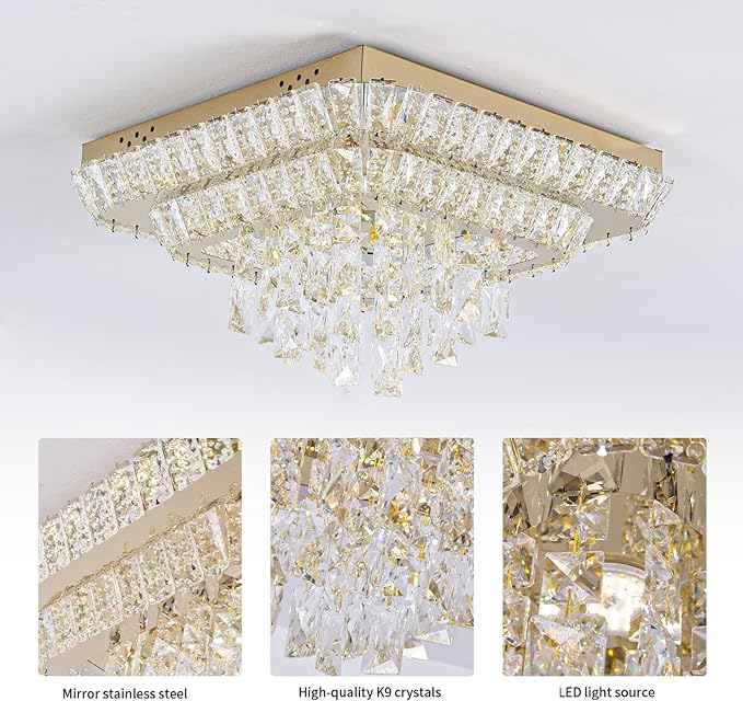 Miuyhji Elegant LED Gold Crystal Raindrop Ceiling Light,18 Inch Square Flush Mount Chandelier with Remote for Living Room Kitchen Island Bedroom Hallway Entryway Foyer (Dimmable)