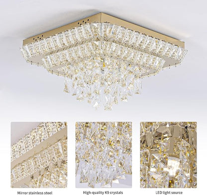 Miuyhji Elegant LED Gold Crystal Raindrop Ceiling Light,18 Inch Square Flush Mount Chandelier with Remote for Living Room Kitchen Island Bedroom Hallway Entryway Foyer (Dimmable)