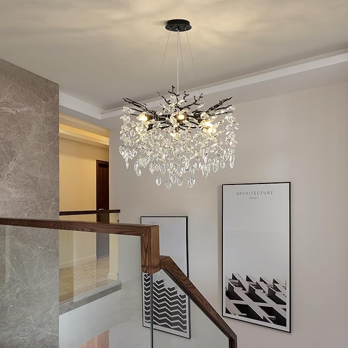 Modern Crystal Tree Branch Chandelier, Black Round Art Deco Pendant Light Raindrop Lighting Fixture for Dining Room Bedroom Foyer 6 Lights D18''