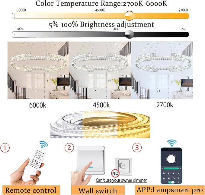 Modern Crystal Chandelier Dimmable LED Ring Pendant Light Adjustable Led Ring Chandelier 1 Ring for Dining Room Living Room 40inch Silver