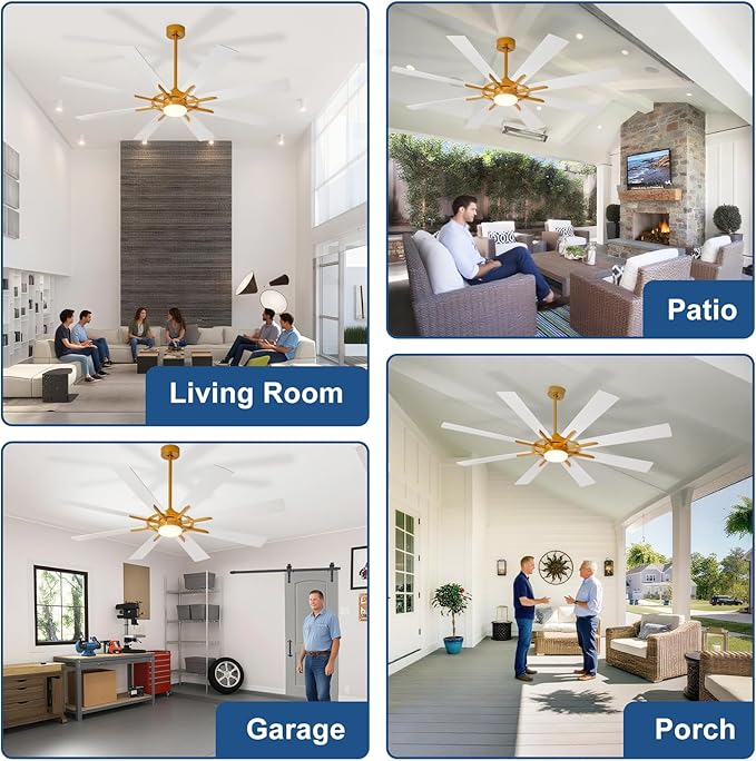 Large Ceiling Fans with Lights: Modern 66 Inch 8 Blade Outdoor Ceiling Fan with Remote APP Control - Dimmable White Gold Big Fan light Indoor Reversible 6 Speed Quiet DC Motor