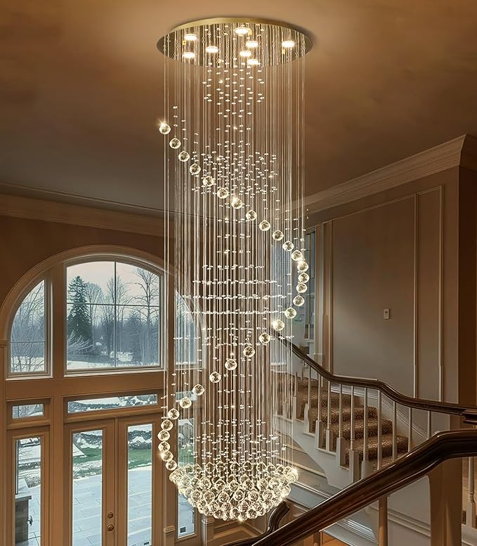 78'' Crystal Chandelier High Ceiling Chandeliers for Staircaes Large Raindrop Chandeliers LED Dimmable Flush Mount Light Fixtures for Foyer Hallway Entryway LED Bulbs Included Gold