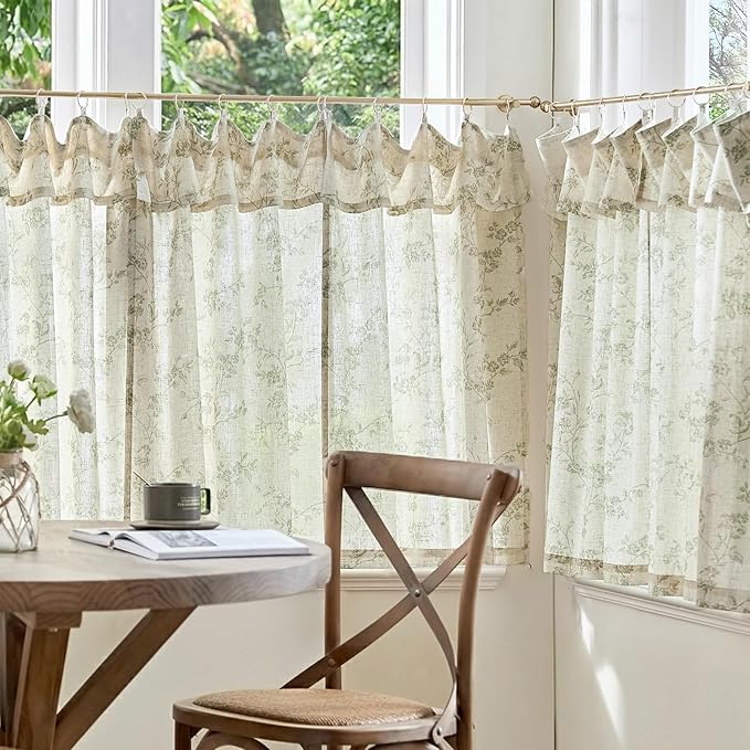 jinchan Floral Linen Kitchen Curtains with Attached Valance 24 Inch Length Farmhouse Cafe Tier Curtains for Living Room Bathroom Rustic Half Window Light Filtering Small Drapes 2 Panels Green