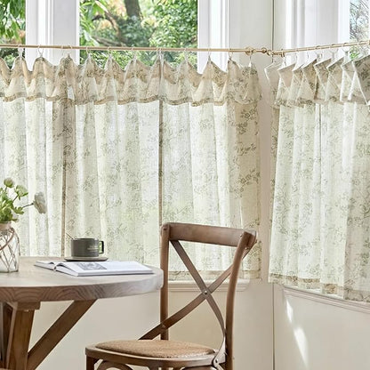 jinchan Floral Linen Kitchen Curtains with Attached Valance 24 Inch Length Farmhouse Cafe Tier Curtains for Living Room Bathroom Rustic Half Window Light Filtering Small Drapes 2 Panels Green