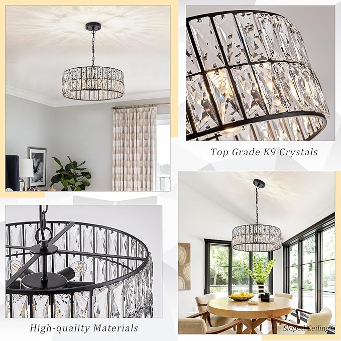 CATINER Black Crystal Chandelier 6-Lights Crystal Pendant Light Large 18 Inches Drum Semi Flush Mount Ceiling Lights for Dining Room Living Room Kitchen Closet