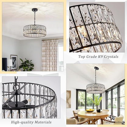CATINER Black Crystal Chandelier 6-Lights Crystal Pendant Light Large 18 Inches Drum Semi Flush Mount Ceiling Lights for Dining Room Living Room Kitchen Closet