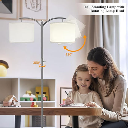 Dimmable Floor Lamp, Arc Floor Lamps for Living Room, Stepless Dimming Modern Standing Lamp with Linen Shade, Tall Lamp for Bedroom Office Dining Room- Grey