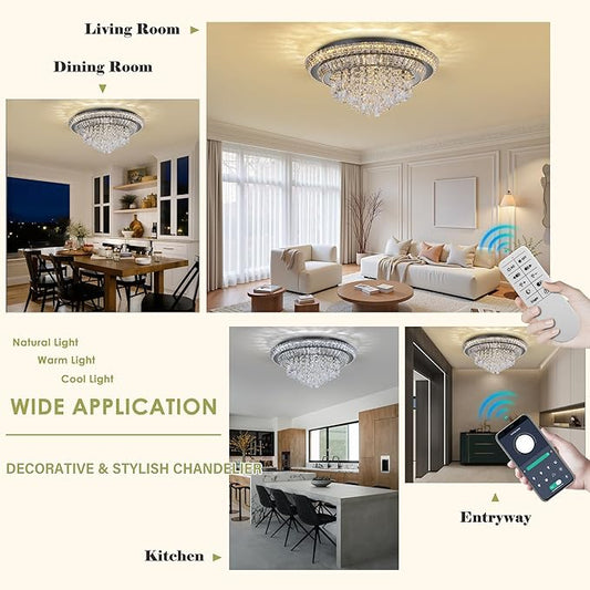 24 inch Crystal Black Ceiling-Light Flush Mount with Remote and APP Control, 3CCT Dimmable & Brightness Adjustable, Modern Crystal Raindrop Chandeliers for Bedroom Hallway Dinning Room Living Room