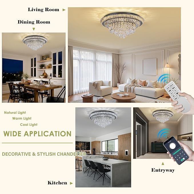 24 inch Crystal Flush Mount Black Chandelier, Modern Raindrop LED Ceiling Light, 3CCT Dimmable & Brightness Adjustable,Remote/APP ,Elegant Chandeliers for Bedroom Hallway Dinning Room Living Room