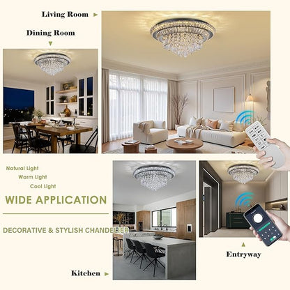 24 inch Crystal Flush Mount Black Chandelier, Modern Raindrop LED Ceiling Light, 3CCT Dimmable & Brightness Adjustable,Remote/APP ,Elegant Chandeliers for Bedroom Hallway Dinning Room Living Room