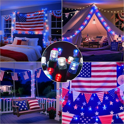 LAMPHOME Red White and Blue Patriotic String Lights, 66ft 200 LED Fairy Lights Plug in, 16 Modes 4th of July Lights Outdoor Waterproof for Independence Day Memorial Day Patriotic Window Decor