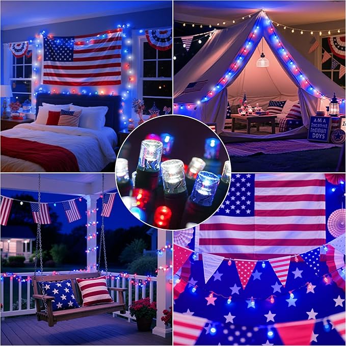 LAMPHOME 33ft Patriotic String Lights, Red White Blue Mini Lights, 100 LED Green Wire Fairy Starry String Lights Plug in, 16 Modes for Independence Day Celebration Party Memorial Day Decor