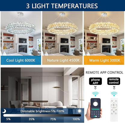Modern Ring Chandelier, Crystal Chandeliers for Dining Room Round LED Ceiling Light Fixture for Living Room Bedroom Lighting Dimmable with Remote Ring Lights, 24inch Width Light
