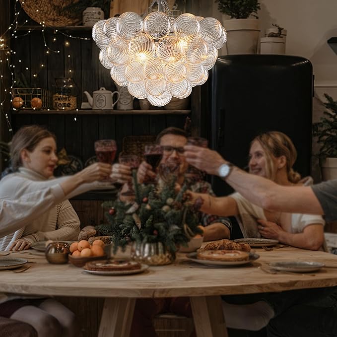 Hand Blown Glass Bubble Ball Chandelier Nickel-Plated 20" Small Pendant Lights Swirled Art Deco Cluster Ribbed Globe Blown Glass Chandeliers for Dining Room Bathroom Entry Bedroom