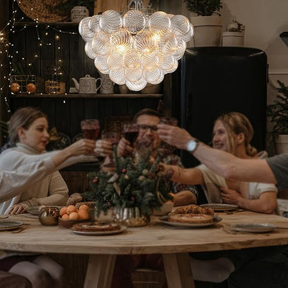 Hand Blown Glass Bubble Ball Chandelier Nickel-Plated 20" Small Pendant Lights Swirled Art Deco Cluster Ribbed Globe Blown Glass Chandeliers for Dining Room Bathroom Entry Bedroom