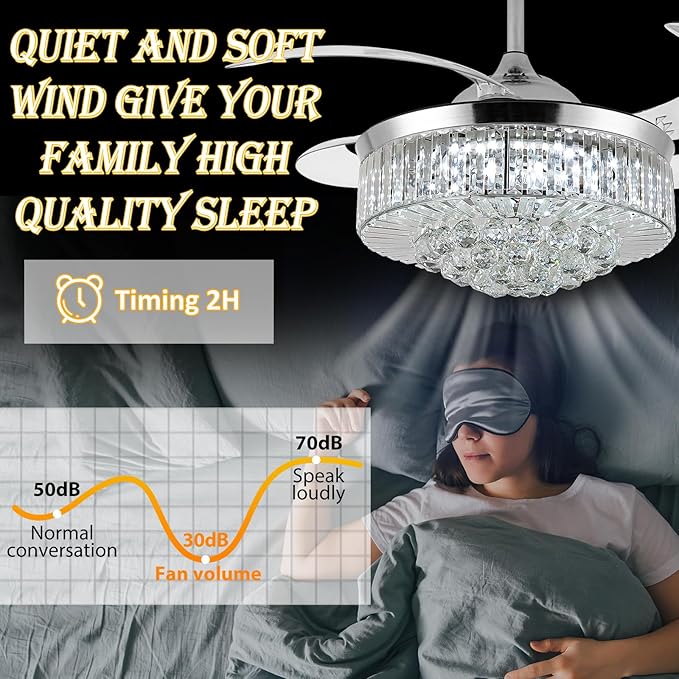 36" Invisible Ceiling Fan Chandelier Light,Modern Crystal Ceiling Fan Light Remote Control 4 Retractable ABS Blades for Bedroom Living Room Dining Room Decoration (Silver)