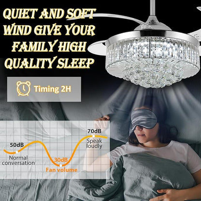 36" Invisible Ceiling Fan Chandelier Light,Modern Crystal Ceiling Fan Light Remote Control 4 Retractable ABS Blades for Bedroom Living Room Dining Room Decoration (Silver)