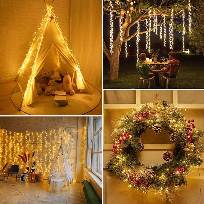 Fairy Lights Plug in, 10Feet 200LED Cluster String Lights, Copper Wire Waterproof Starry Firecracker Lights for Ceiling Bedroom Wreath Window Wedding Christmas Tree Decorations, Warm White, 2 Pack