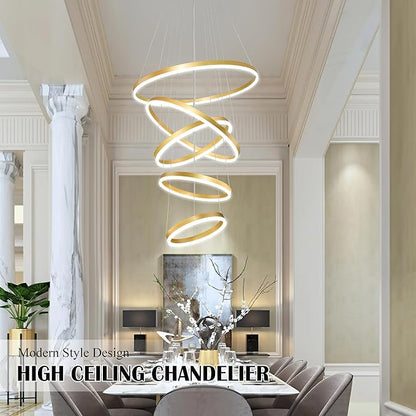 5 Rings Pendant Lights Modern Gold Led Chandelier Gold Modern Led Pendant Light Dimmable Height Adjustable Chandeliers for Dining Room Bedroom Entryway Living Room Foyer (3000K-6000K)