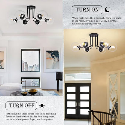 KoKo&Yukina 6-Light Modern Semi Flush Mount Ceiling Light Fixture Mid Century Ceiling Light Globe Ceiling Light with Clear Glass Shade Matte Black Finish for Bedroom Hallway Dining Room Living Room