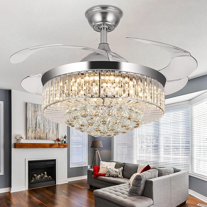 WWahuayuan 36" Chandelier Ceiling Fan Light, Modern Retractable Invisible Ceiling Fan Light Remote Control 4 Retractable ABS Blades for Bedroom Living Room Dining Room Decoration