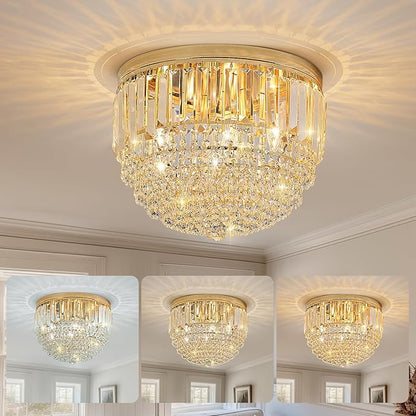 YMP&YZX Modern French Gold Crystal Chandelier Ceiling Light,15.7" Semi Flush Mount 5-Lights LED Crystal Round Chandelier Light E12 Base for Bedroom Living Room