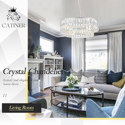 24'' Luxury Chrome Crystal Chandelier 8-Lights Modern Semi Flush Mount Ceiling Light Fixtures Round Crystal Pendant Chandeliers for Living Room Dining Room Kitchen Foyer Bedroom