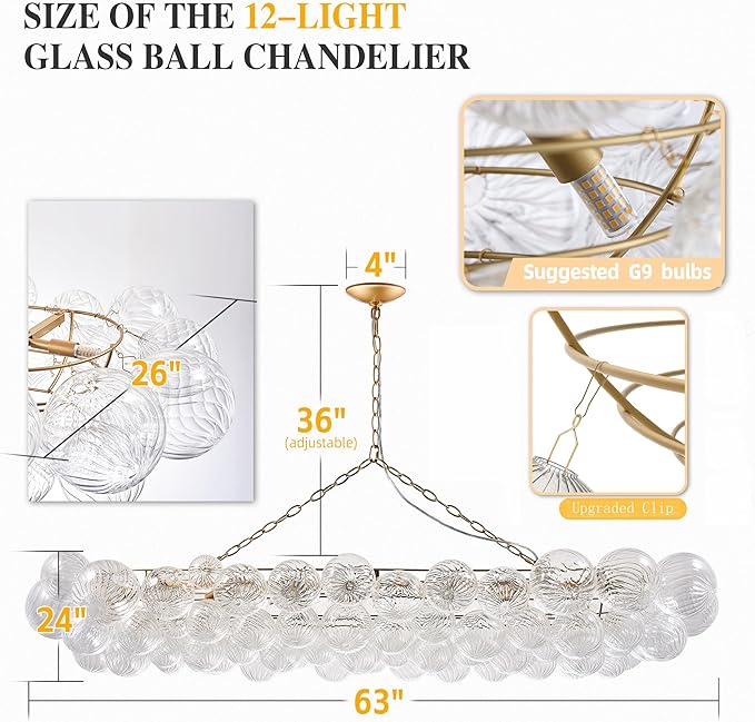 Longree Nordic Bubble Ball Swirled Glass Chandelier, 62 inch Long Rectangular Chandeliers Island Light Fixture for Dining Table Living Room