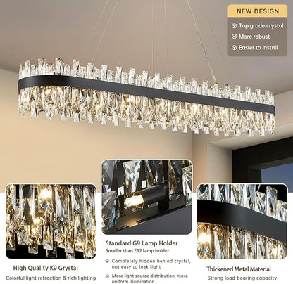 Modern Black Crystal Chandelier for Dining Room, Rectangle K9 Crystal Raindrop Chandelier Lights, Contemporary Ceiling Hanging Light Fixtures for Kitchen Island Dining Room, Length 57 inches