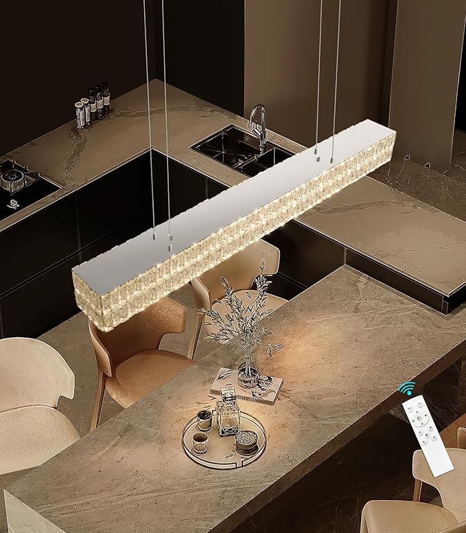 Rectangular Crystal Chandelier Glam Dimmable LED Crystal Chandeliers for Dining Room Linear Pendant Light with Remote Control for Kitchen Island Silver