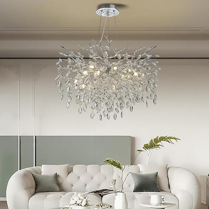 Modern Crystal Tree Branches Chandelier, 30in Silver 10 Lights Large Ceiling Hanging Light for Dining Room, Round Raindrop Pendant Light Fixture
