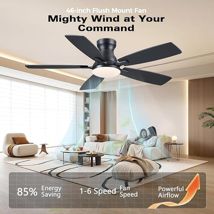 JSAITEE Ceiling Fans with Lights Flush Mount - 46" Low Profile Ceiling Fan with 5 Dual-Sided Blades and 6 Speeds 3CCT Dimmable, Modern Indoor Fan Light Fixtures for Bedroom, Kitchen, Black