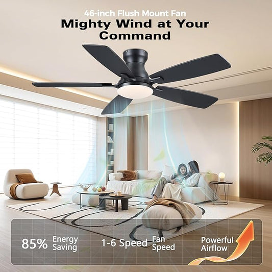JSAITEE Ceiling Fans with Lights Flush Mount - 46" Low Profile Ceiling Fan with 5 Dual-Sided Blades and 6 Speeds 3CCT Dimmable, Modern Indoor Fan Light Fixtures for Bedroom, Kitchen, Black