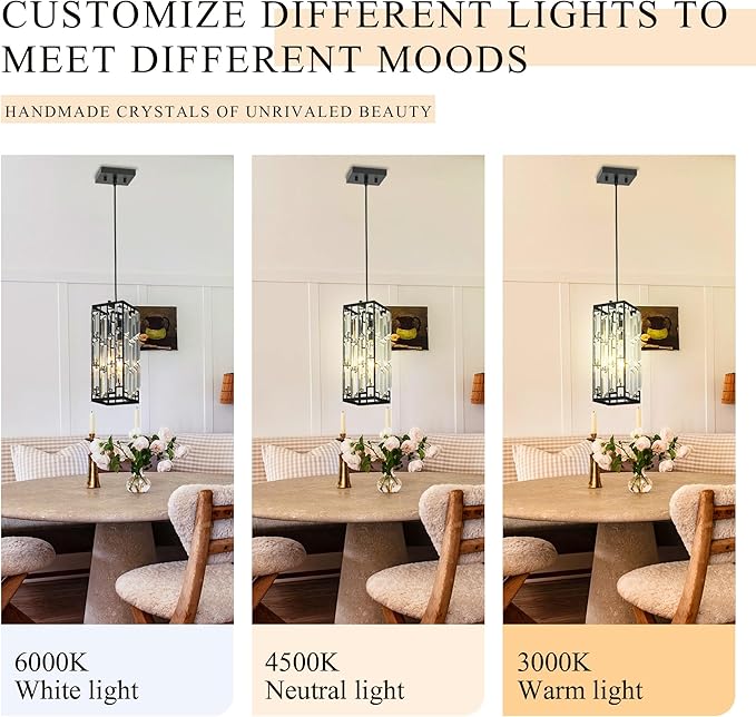 Black Hanging Kitchen Island Modern Concise Crystal Pendant Light Fixture, Adjustable Mini Crystal Pendant Lights Kitchen Island for Kitchen, Dining Room, and Bedroom (3 Pack)