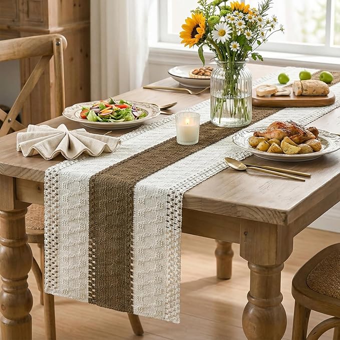 Artoid Mode Light Coffee Farmhouse Rustic Table Runner, Seasonal Holiday Hollow Kitchen Dining Table Decoration for Home Party Decor 12x120 Inch