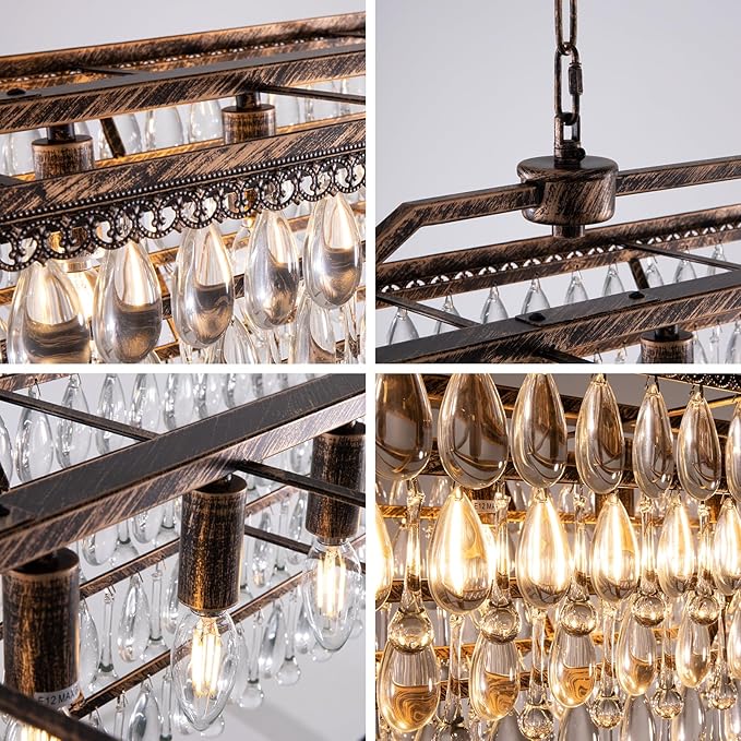 Wellmet Dining Room Crystal Chandelier 40 Inch Antique Bronze Rectangle Chandeliers 7 Lights Farmhouse Hanging Ceiling Large Light Fixtures for Kitchen Island, Living Room, Entryway