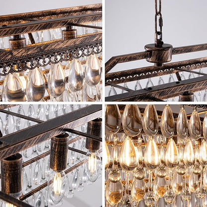 Wellmet Dining Room Crystal Chandelier 40 Inch Antique Bronze Rectangle Chandeliers 7 Lights Farmhouse Hanging Ceiling Large Light Fixtures for Kitchen Island, Living Room, Entryway