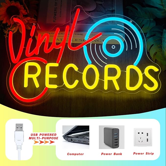 Neon Record Sign - Vintage Record Store Retro Light, Vinyl Record Decor LED Sign for Music Room, Home Studio & Man Cave, Retro Wall Art Gift for Audiophiles and Collectors(16.8 * 10.9inch)