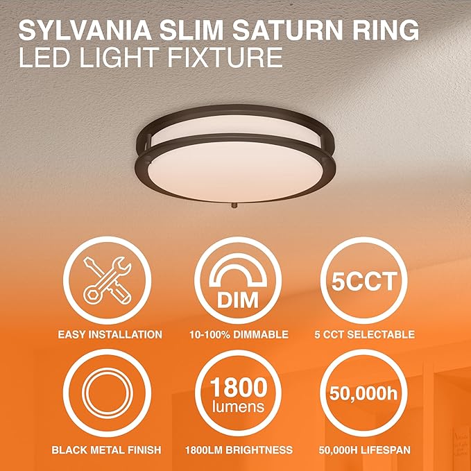 Sylvania 12" Slim Saturn Ring LED Light Fixture, 25W, 5 Temperature Select, Dimmable, 1800 LMS, Black, for Family Rooms/Hallways/Kitchens/Bedrooms - 1 Pack (67239)