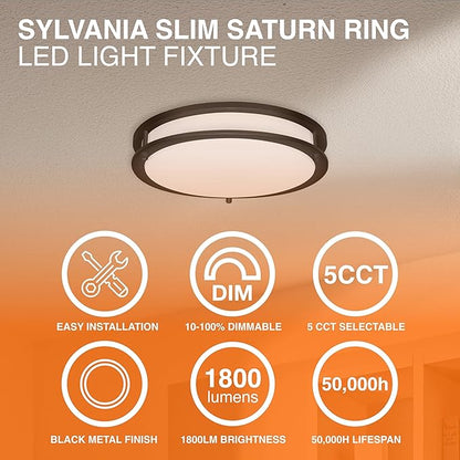 Sylvania 12" Slim Saturn Ring LED Light Fixture, 25W, 5 Temperature Select, Dimmable, 1800 LMS, Black, for Family Rooms/Hallways/Kitchens/Bedrooms - 1 Pack (67239)