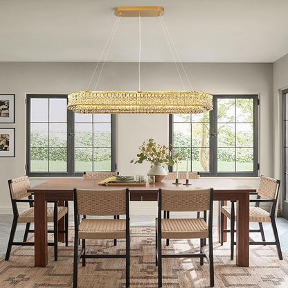 47" LED Rectangle Gold Crystal Chandeliers for Dining Room, Luxury, Rectangular Modern Crystal Oval Kitchen Chandelier, Dimmable LED with Remote, for Dining Room, Kitchen Island