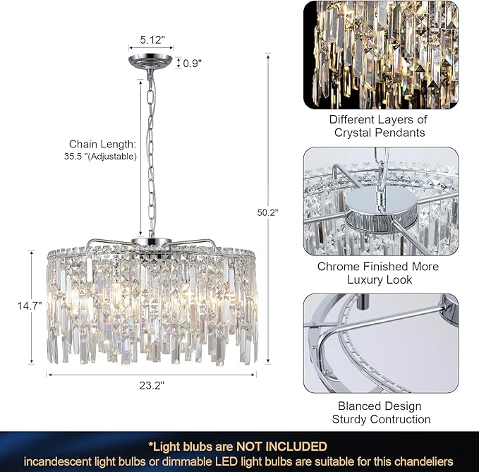 A AXILIXI Crystal Chandelier, 24" Modern Round Chandelier for Dining Room, K9 Large 8-Light Crystal Pendant Fixtures Raindrop Luxury Pendant Ceiling Light Chrome for Entryway Foyer Staircase