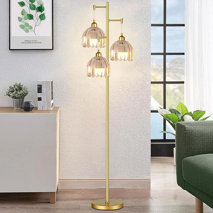 Gold Floor Lamps for Living Room Vintage Floor Lamp with Glass Lmapshape & Three Led Bulb,Glass Floor Lamps Brass Mid Century Modern Standing Lamp Tall Tree Flower Floor Lamp for Bedroom,Office,Corner
