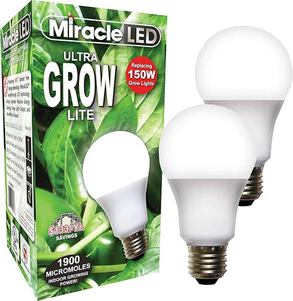 Miracle LED Commercial Hydroponic Ultra Grow Lite - Replaces up to 150W - Daylight White Full Spectrum LED Indoor Plant Growing Light Bulb For DIY Horticulture & Indoor Gardening (604273) 2 Pack