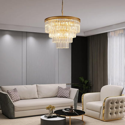 Gold Crystal Chandelier 22.9" 10-Lights Modern Crystal Pendant Lights 4-Tier Luxury K9 Hanging Dining Room Lighting Fixture for Living Room Bedroom Kitchen Island Entryway Stairway Office