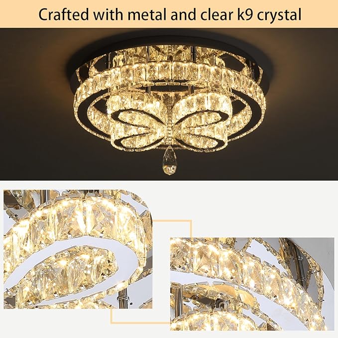 Modern Crystal Chandelier LED 2-Tier Flush Mount Ceiling Lighting Dimmable Pendant Light for Living Room Bedroom Dining Room Entryway Hallway